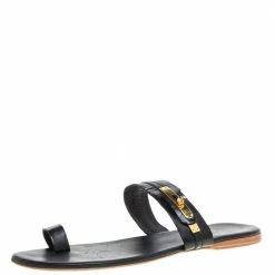 Hermes Black Leather Turn-Lock Embellished Ring Toe Flats Size 41 For Women