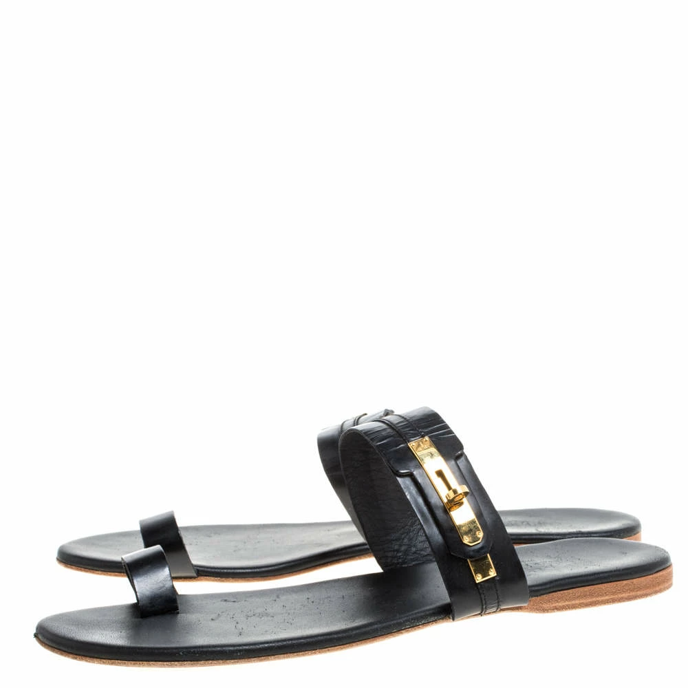 Hermes Black Leather Turn-Lock Embellished Ring Toe Flats Size 41 For Women 6 Hermes Black Leather Turn-Lock Embellished Ring Toe Flats Size 41 For Women - Image 4