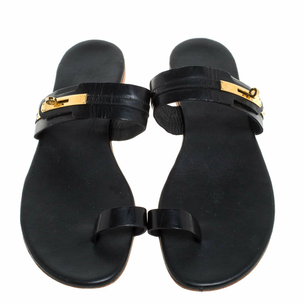 Hermes Black Leather Turn-Lock Embellished Ring Toe Flats Size 41 For Women 5 Hermes Black Leather Turn-Lock Embellished Ring Toe Flats Size 41 For Women - Image 3