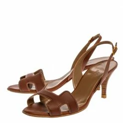 Hermes Brown Leather Night Slingback Sandals Size 38.5 For Women -Deals Hermes Store luxury women hermes used shoes p329647 006