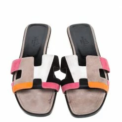 Hermes Multicolor Suede Leather Oran Flat Slides Size 39 For Women -Deals Hermes Store luxury women hermes used shoes p329858 003