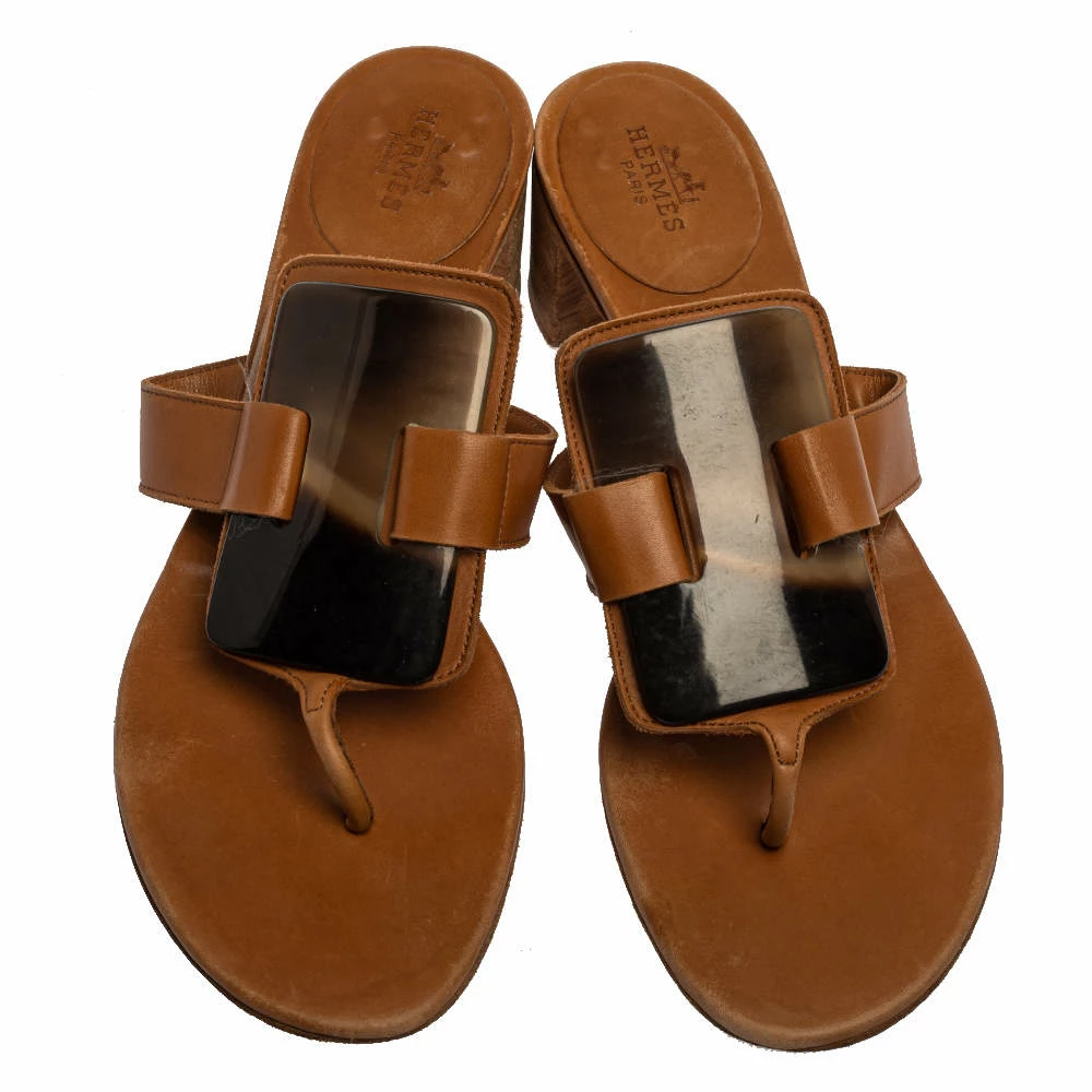 Hermes Brown Leather Embellished Thong Sandals Size 38.5 For Women 5 Hermes Brown Leather Embellished Thong Sandals Size 38.5 For Women - Image 3