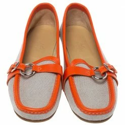 Hermes Beige/Orange Canvas And Leather Loafers Size 39.5 For Women 12 Hermes Beige/Orange Canvas And Leather Loafers Size 39.5 For Women -Deals Hermes Store luxury women hermes used shoes p330732 003