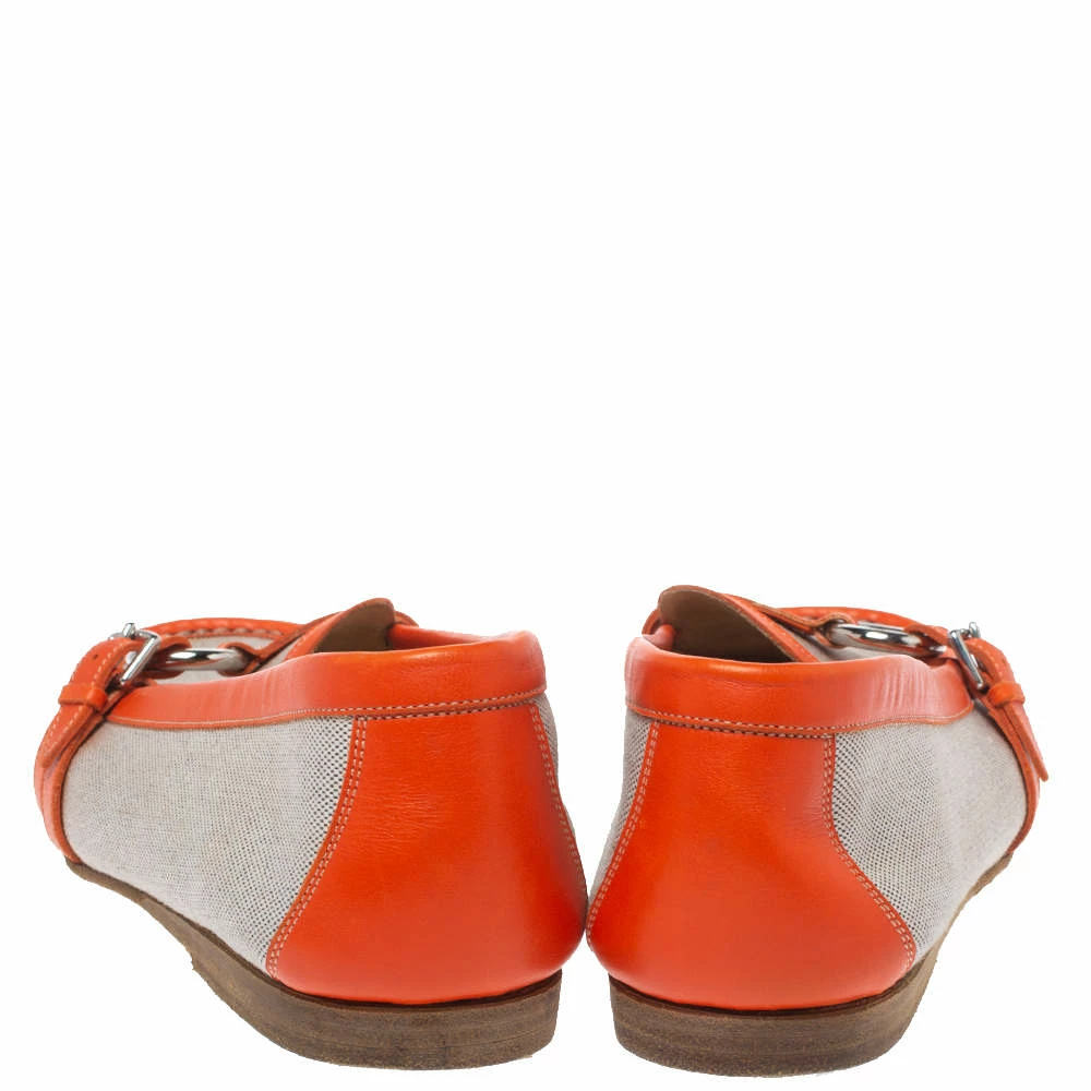 Hermes Beige/Orange Canvas And Leather Loafers Size 39.5 For Women 7 Hermes Beige/Orange Canvas And Leather Loafers Size 39.5 For Women - Image 5