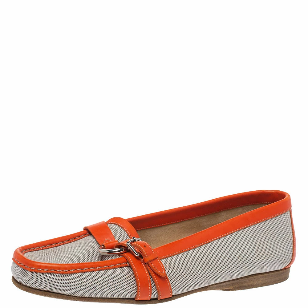 Hermes Beige/Orange Canvas And Leather Loafers Size 39.5 For Women 3 Hermes Beige/Orange Canvas And Leather Loafers Size 39.5 For Women