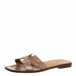 Hermes Beige Leather Oran Flat Slides Size 41 For Women