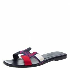Hermes Multicolor Modernisme Tropical Print Canvas Oran Flat Slides Size 37.5 For Women