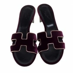 Hermes Purple Velvet Oasis Slide Sandals Size 41 For Women -Deals Hermes Store luxury women hermes used shoes p333924 002