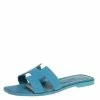 Hermes Light Blue Leather Oran Flat Sandals Size 40 For Women