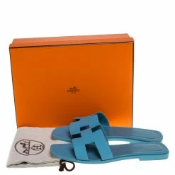 Hermes Light Blue Leather Oran Flat Sandals Size 40 For Women -Deals Hermes Store luxury women hermes used shoes p335621 008