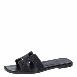 Hermes Black Glitter Oran Flat Slides Size 39 For Women