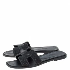 Hermes Black Glitter Oran Flat Slides Size 39 For Women -Deals Hermes Store luxury women hermes used shoes p335936 007