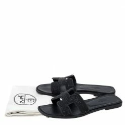 Hermes Black Glitter Oran Flat Slides Size 39 For Women -Deals Hermes Store luxury women hermes used shoes p335936 008