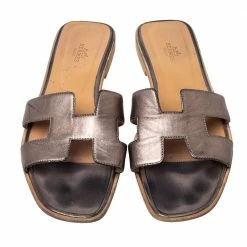 Hermes Metallic Brown Leather Oran Flats Size 40 For Women -Deals Hermes Store luxury women hermes used shoes p336072 006