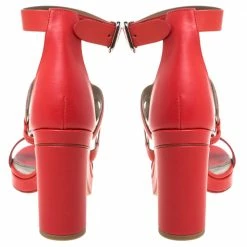 Hermes Red Leather Block Heels Ankle Strap Sandals Size 39 For Women -Deals Hermes Store luxury women hermes used shoes p338346 004