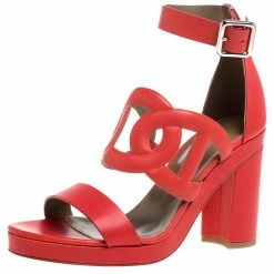 Hermes Red Leather Block Heels Ankle Strap Sandals Size 39 For Women