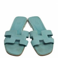 Hermes Light Blue Leather Oran Flat Sandals Size 38.5 For Women -Deals Hermes Store luxury women hermes used shoes p340159 001