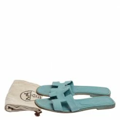 Hermes Light Blue Leather Oran Flat Sandals Size 38.5 For Women -Deals Hermes Store luxury women hermes used shoes p340159 009