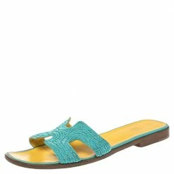 Hermes Blue Fabric Oran Flat Slides Size 41 For Women