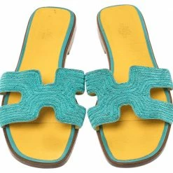 Hermes Blue Fabric Oran Flat Slides Size 41 For Women -Deals Hermes Store luxury women hermes used shoes p340810 004