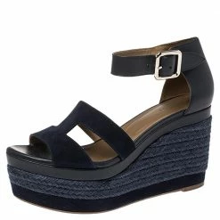 Hermes Indigo Leather And Suede Ilana Espadrille Wedges Sandals Size 36 For Women