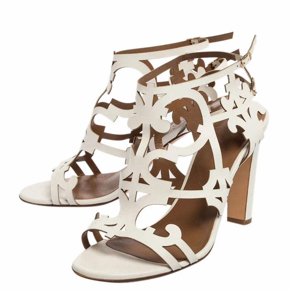 Hermes White Leather Karlotta Cut Out Ankle Strap Sandal Size 40 For Women 6 Hermes White Leather Karlotta Cut Out Ankle Strap Sandal Size 40 For Women - Image 4