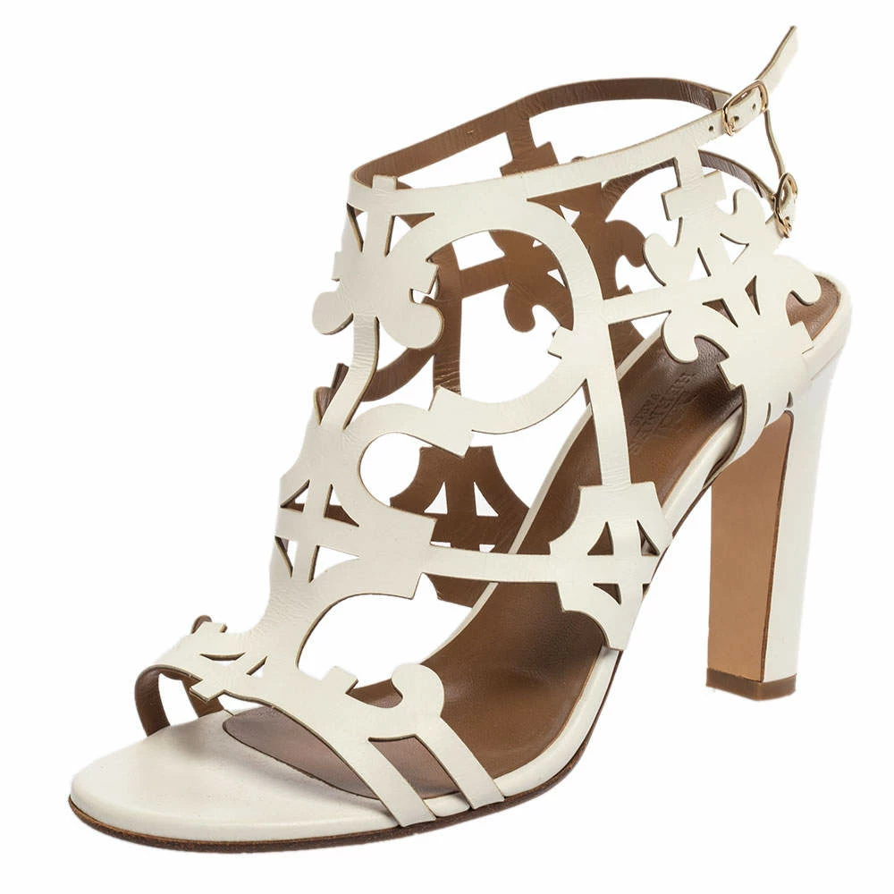 Hermes White Leather Karlotta Cut Out Ankle Strap Sandal Size 40 For Women 3 Hermes White Leather Karlotta Cut Out Ankle Strap Sandal Size 40 For Women