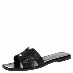 Hermes Black Glitter Leather Oran Flat Slides Size 38.5 For Women