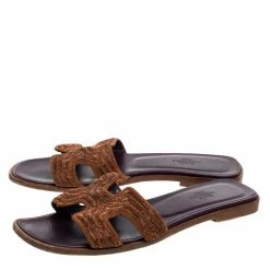 Hermes Brown Fabric Oran Flats Size 36.5 For Women -Deals Hermes Store luxury women hermes used shoes p350945 006