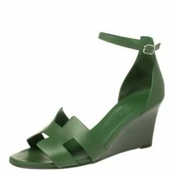 Hermes Hermès Green Leather Legend Wedge Sandals Size 40 For Women