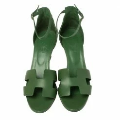Hermes Hermès Green Leather Legend Wedge Sandals Size 40 For Women -Deals Hermes Store luxury women hermes used shoes p352490 007
