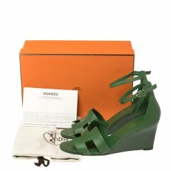 Hermes Hermès Green Leather Legend Wedge Sandals Size 40 For Women -Deals Hermes Store luxury women hermes used shoes p352490 009