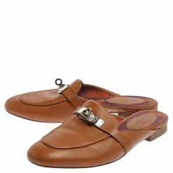 Hermes Brown Leather Leather Palladium Plated Oz Mules Size 36 For Women -Deals Hermes Store luxury women hermes used shoes p352506 006
