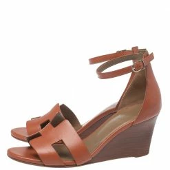 Hermes Brown Leather Premiere Wedge Sandals Size 37.5 For Women -Deals Hermes Store luxury women hermes used shoes p353316 002