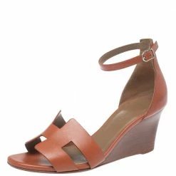 Hermes Brown Leather Premiere Wedge Sandals Size 37.5 For Women