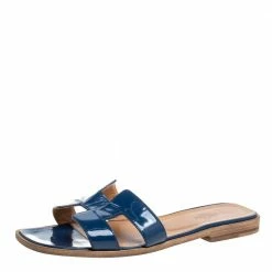 Hermes Blue Patent Leather Oran Slide Sandals Size 38 For Women