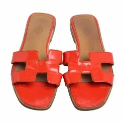 Hermes Orange Patent Leather Oran Flats Size 38 For Women -Deals Hermes Store luxury women hermes used shoes p354107 005