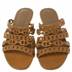 Hermes Brown Leather Chaine D'Ancre Slide Sandals Size 39 For Women -Deals Hermes Store luxury women hermes used shoes p354519 004