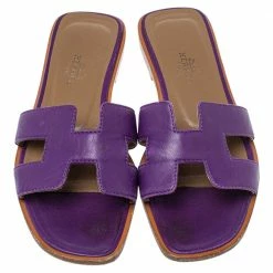Hermes Purple Leather Oran Flat Slides Size 34 For Women -Deals Hermes Store luxury women hermes used shoes p354540 003
