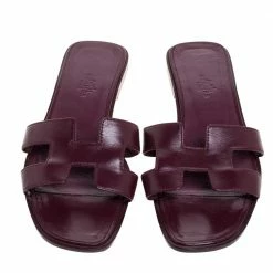 Hermes Burgundy Leather Oran Slide Flats Size 37.5 For Women -Deals Hermes Store luxury women hermes used shoes p356770 004