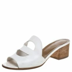 Hermes White Leather Mona Sandals Size 37.5 For Women