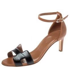 Hermes Brown/Black Patent Leather And Leather Night Ankle Strap Sandals Size 39 For Women