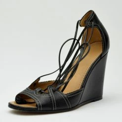 Hermes Black Leather Wedges Size 37 For Women