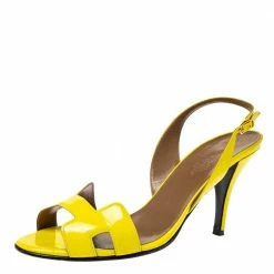 Hermes Yellow Patent Leather Night Slingback Sandals Size 38.5 For Women