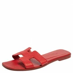 Hermes Red Leather Oran Flat Slides Size 38 For Women