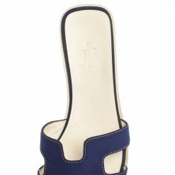 Hermes Blue Fabric Oran Flat Slides Size 39.5 For Women -Deals Hermes Store luxury women hermes used shoes p361983 004