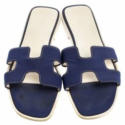 Hermes Blue Fabric Oran Flat Slides Size 39.5 For Women -Deals Hermes Store luxury women hermes used shoes p361983 007