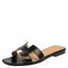 Hermes Black Leather Oran Slide Sandals Size 38.5 For Women