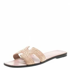 Hermes Beige Fabric Oran Flat Slides Size 39 For Women