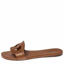 Hermes Brown Leather Lisboa Flat Slides Size 37 For Women -Deals Hermes Store luxury women hermes used shoes p370404 002
